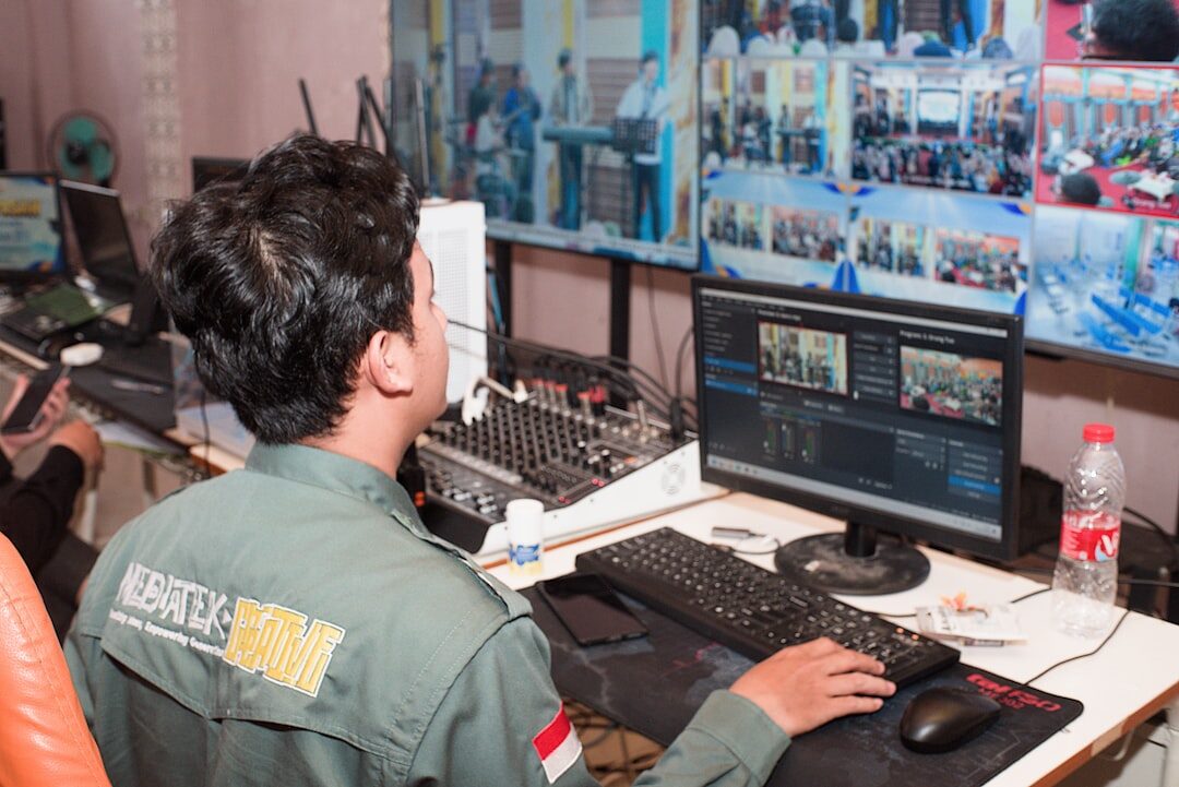 Wall of monitors in a live broadcast control room